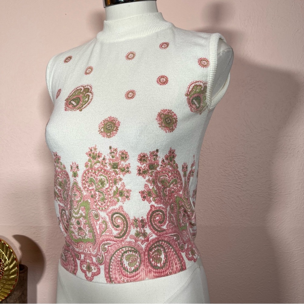 Vintage 1960 Mod Floral Pink Avocado Green Mock Neck Cropped Sleeveless sweater